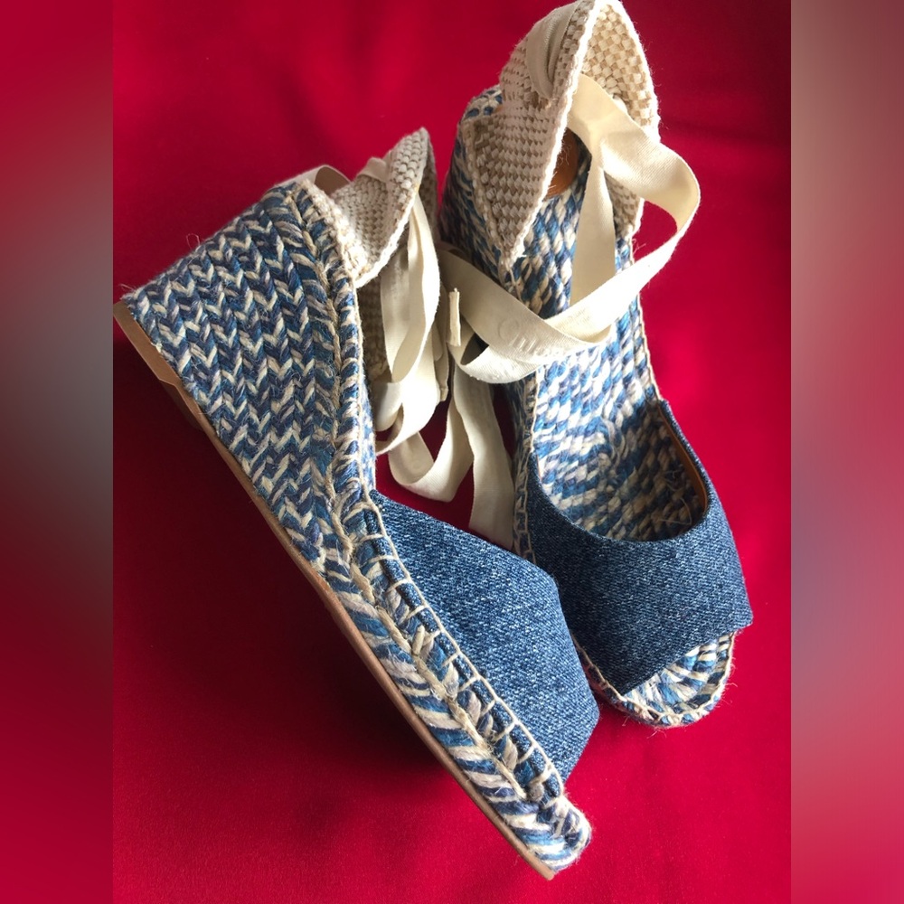 Chloe Blue Denim Espadrille Wedge Sandals with Cream Ankle Ties